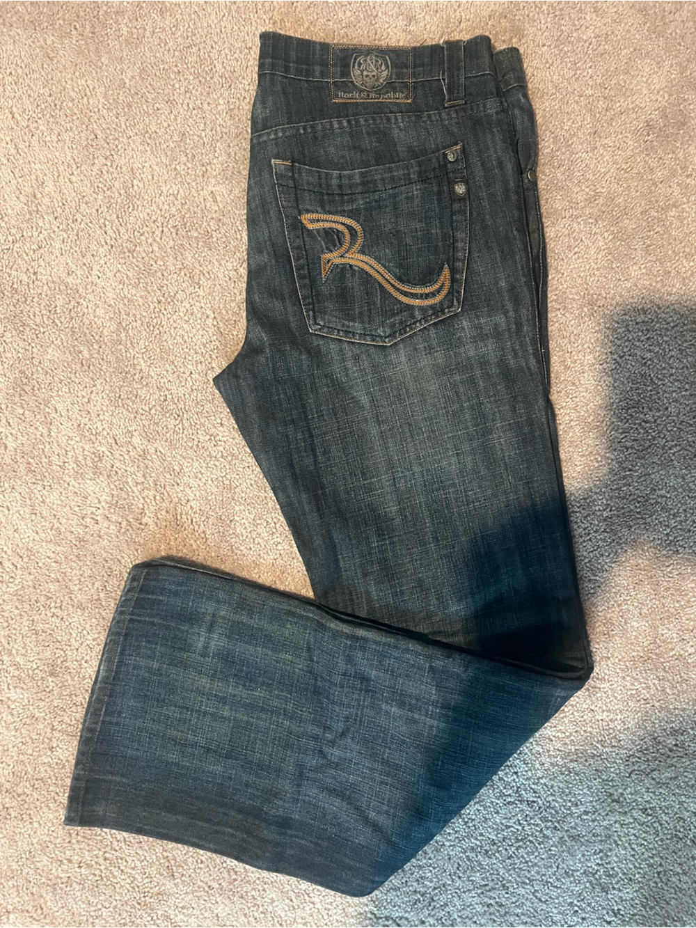 Rock & Republic Dark Blue Bootcut Jeans with Tan Stitching